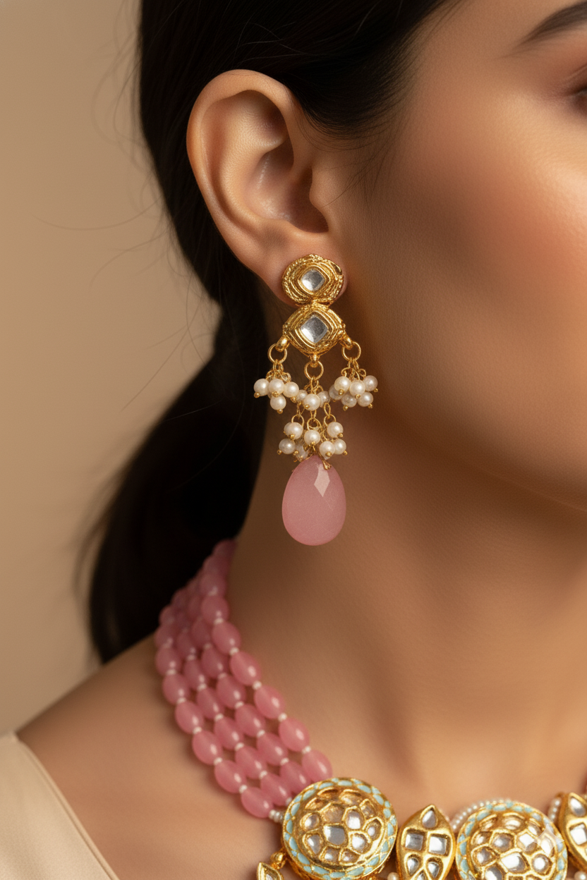 Rose Pink Beads Kundan Necklace Jewellery