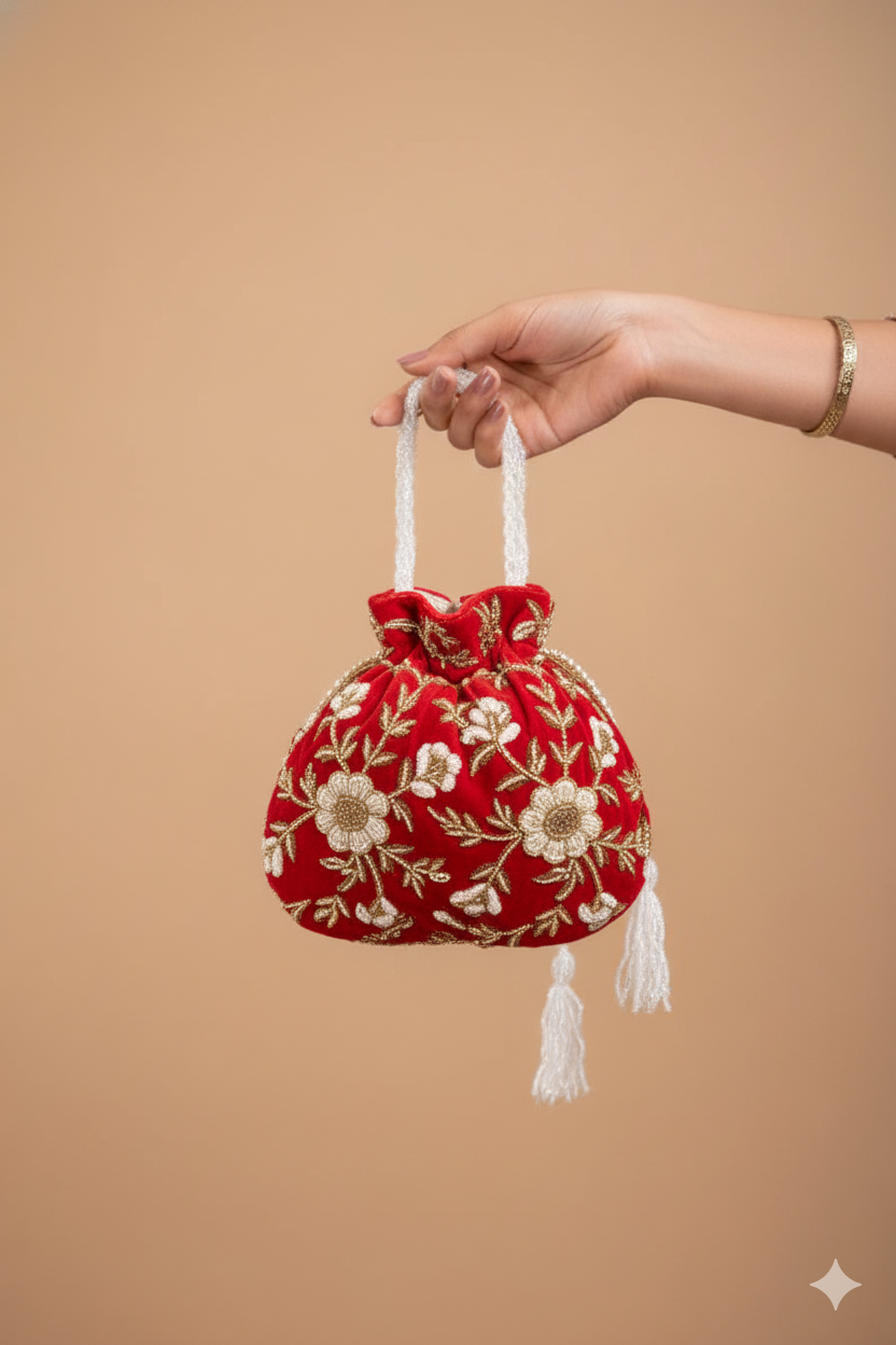 Handwork Red Pearl and Bead Potli with Pearl Handle and Velvet Base