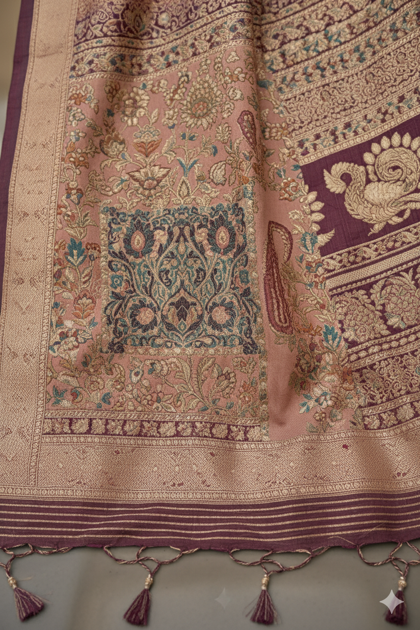 Coffee Brown Raw Silk Saree with Floral Motifs