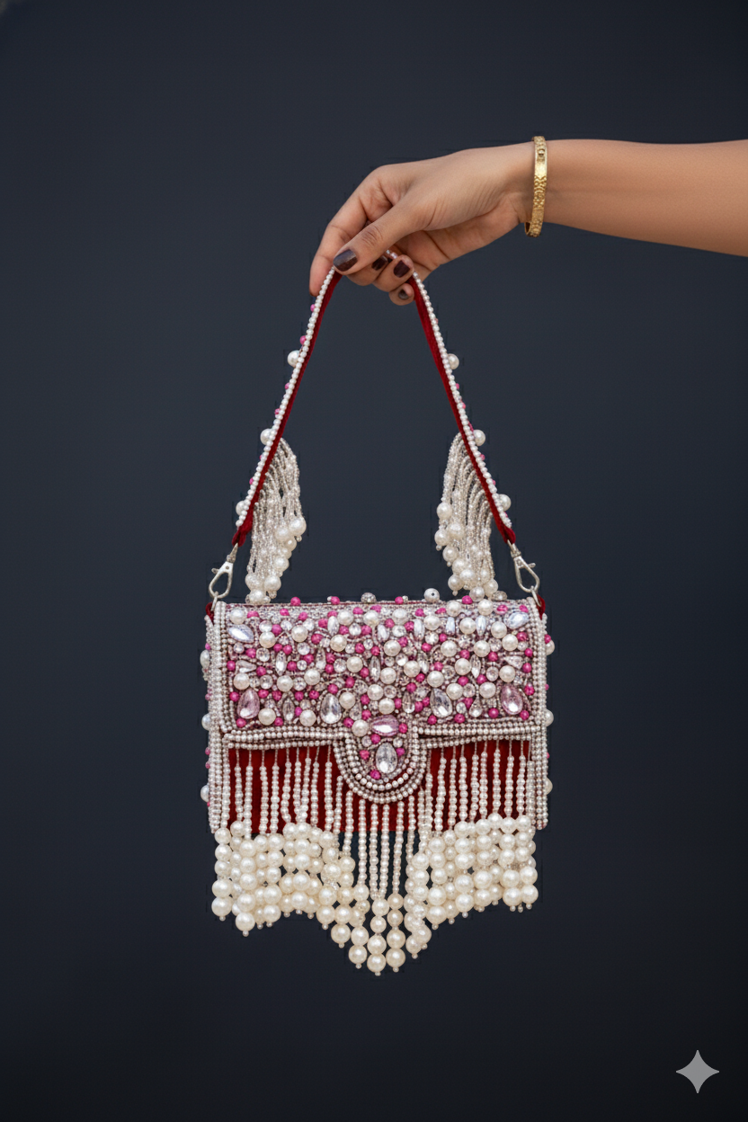 Zari Adorned Maroon Handbag with Pink Beads, Pearls, and Tassel