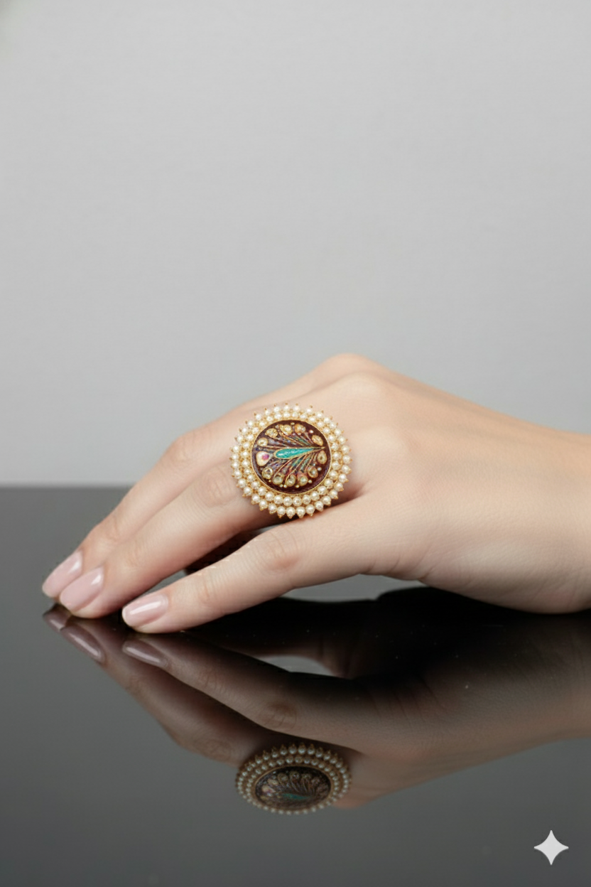 Mixed Metal Round Finger Ring Jewellery with Pearl and Kundan Detailing