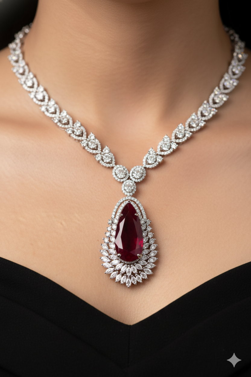 Purple Garnet American Diamond Tear Drop Earrings & Necklace Jewellery Set