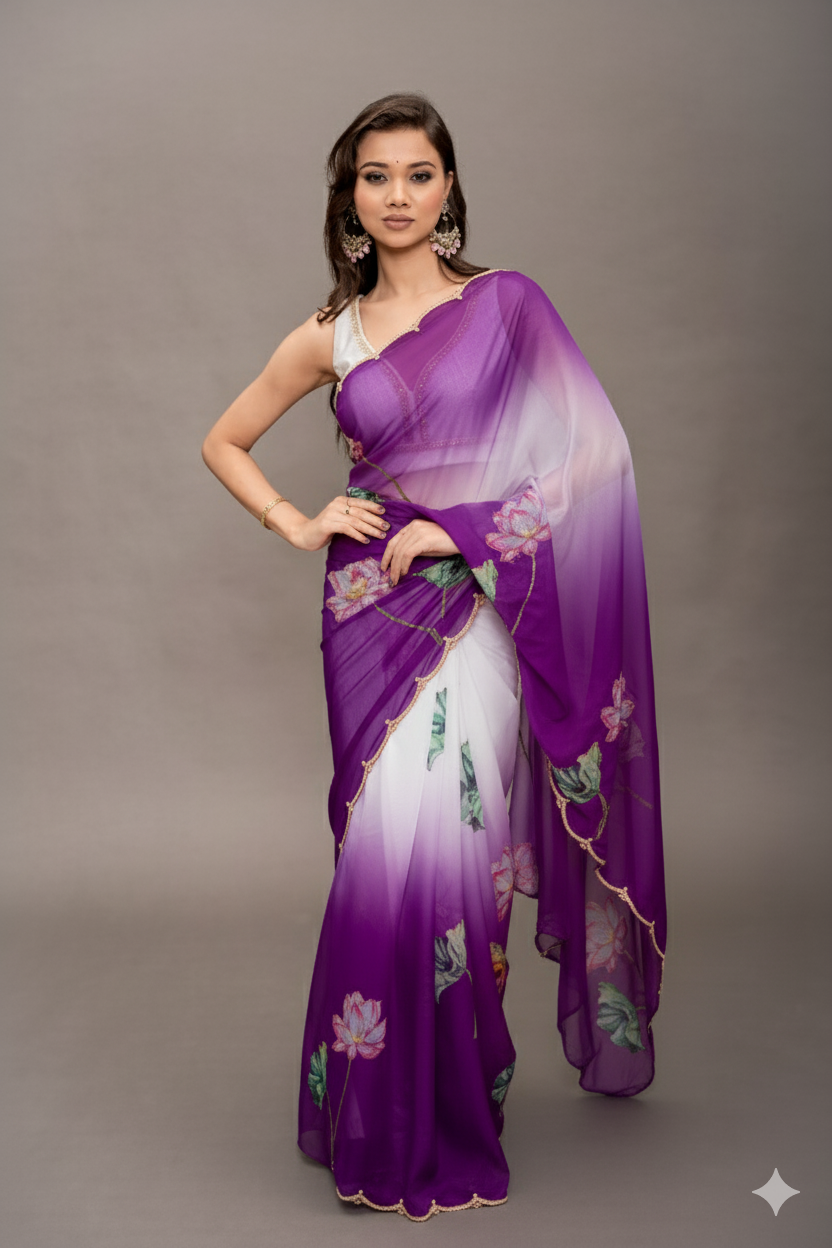 Fuchsia Pink Tebi Twin Silk Saree with Floral Digital Print & Moti Handwork Border