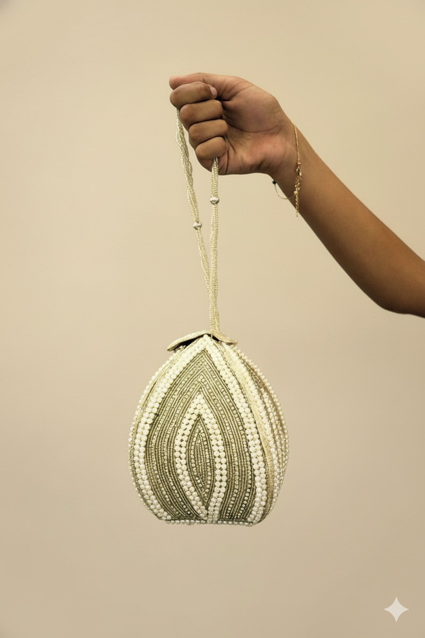 White Pearl with Swarovski Frame Potli and Handmade Pearl Handle