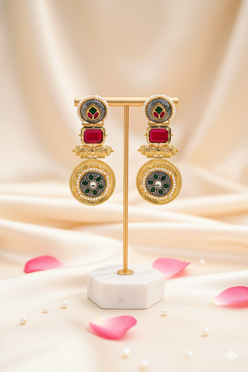 Gold Metal Earrings Jewellery with Kundan, Ruby Stones & Pearl Accents