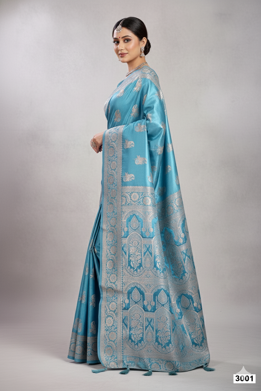 Sky Blue Banarasi Satin Silk Rich Pallu Saree with Silver Zari Weaving Detailing