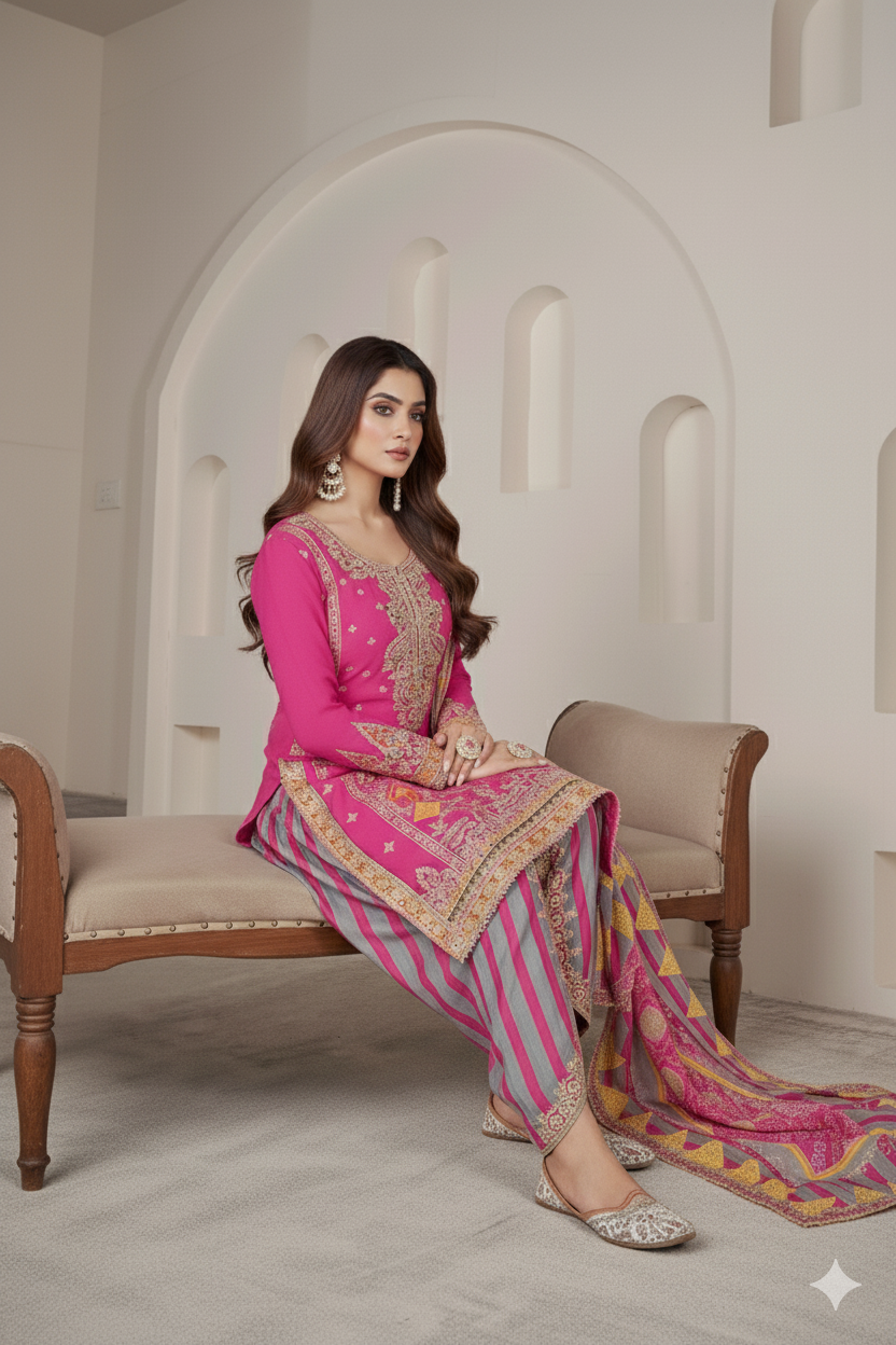 Magenta Pink Silk Suit with Zari Embroidery with Designer Dhoti Pant & Dupatta