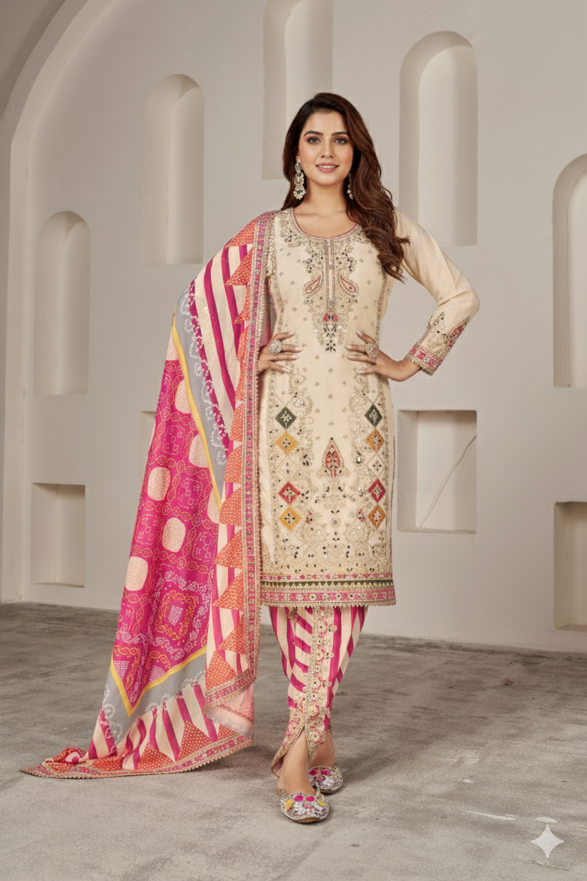 Green Silk Suit with Zari Embroidery with Designer Dhoti Pant & Dupatta