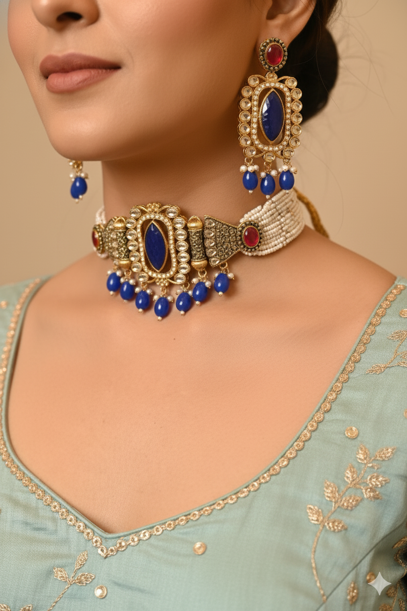 Kundan Blue Beads Choker with Matching Earrings Jewellery Set