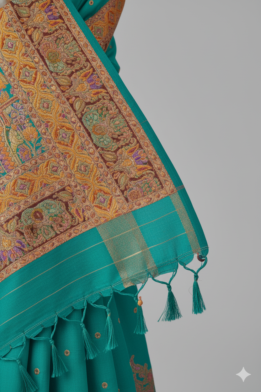 Aqua Blue Green Raw Silk Saree with Heritage Prints