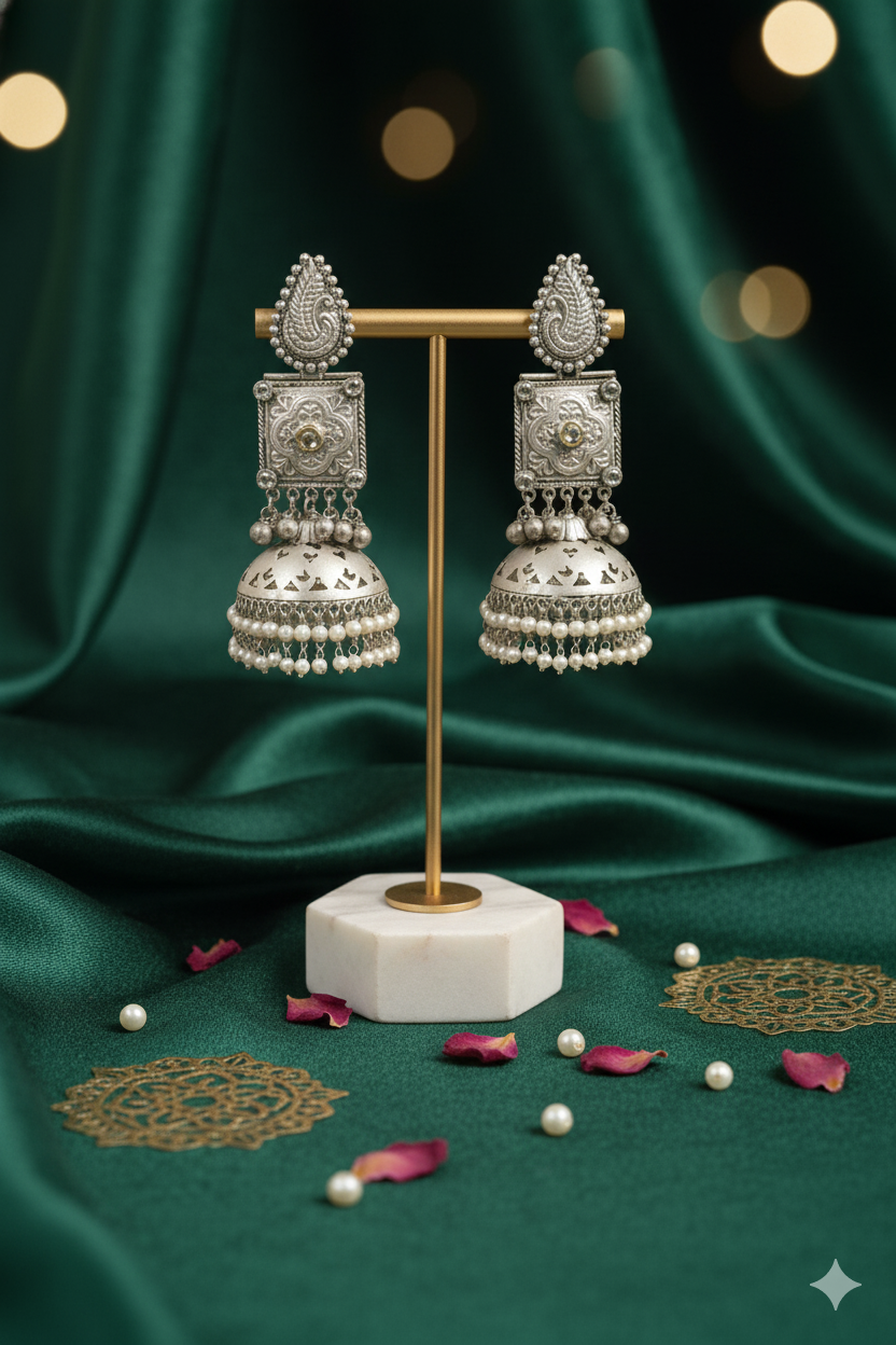 Oxidized Metal Hanging Pearls Jhumka Jewellery
