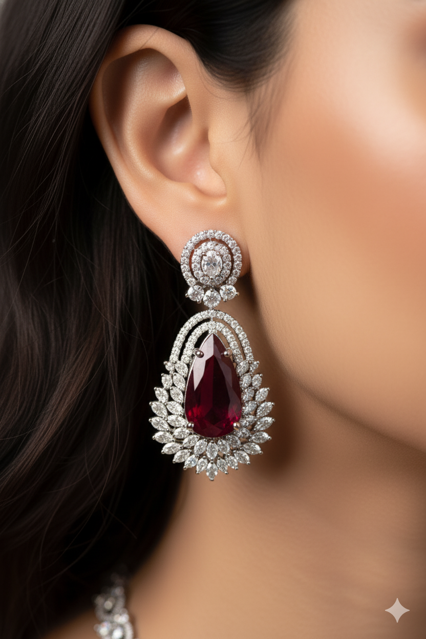 Purple Garnet American Diamond Tear Drop Earrings & Necklace Jewellery Set