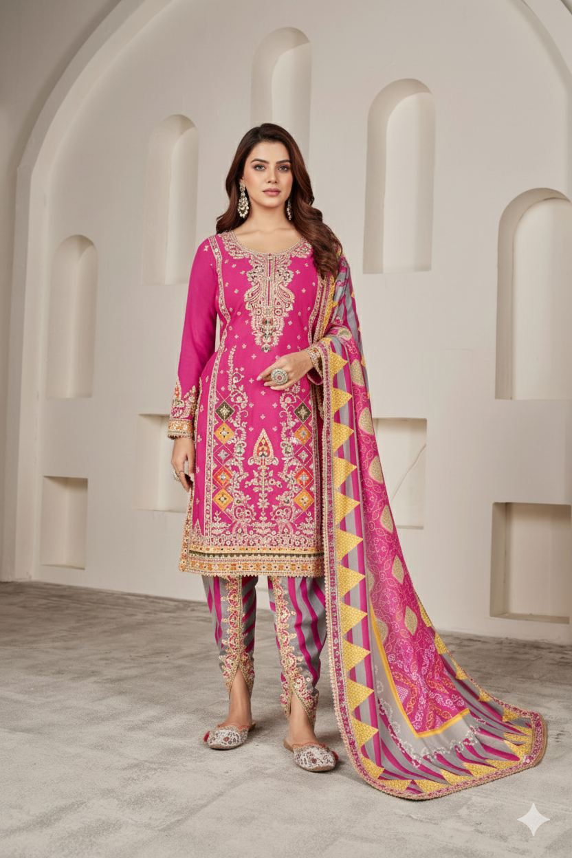 Orange Silk Suit with Zari Embroidery with Designer Dhoti Pant & Dupatta