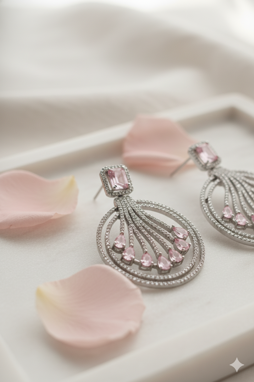 Sparkling American Diamond Jewellery Chandbali Earrings with Pink Stones