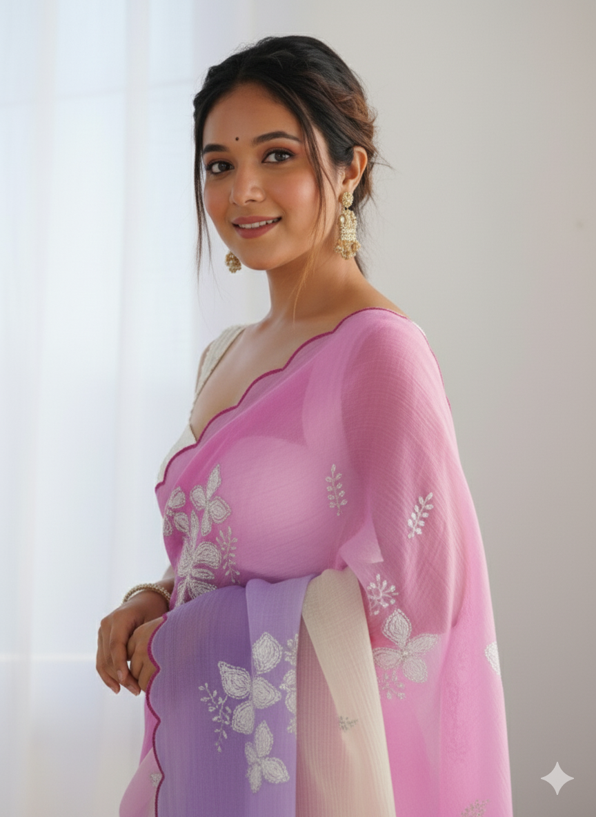 Peach Purple Pastel Shaded Chinon Silk Saree with Sequin Embroidery & Khatli Border