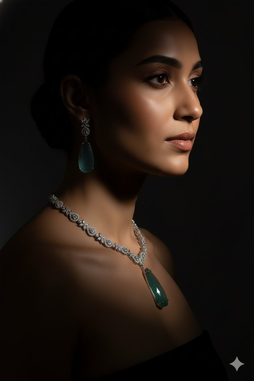 Sea Blue American Diamond Necklace with Earrings Jewellery Set