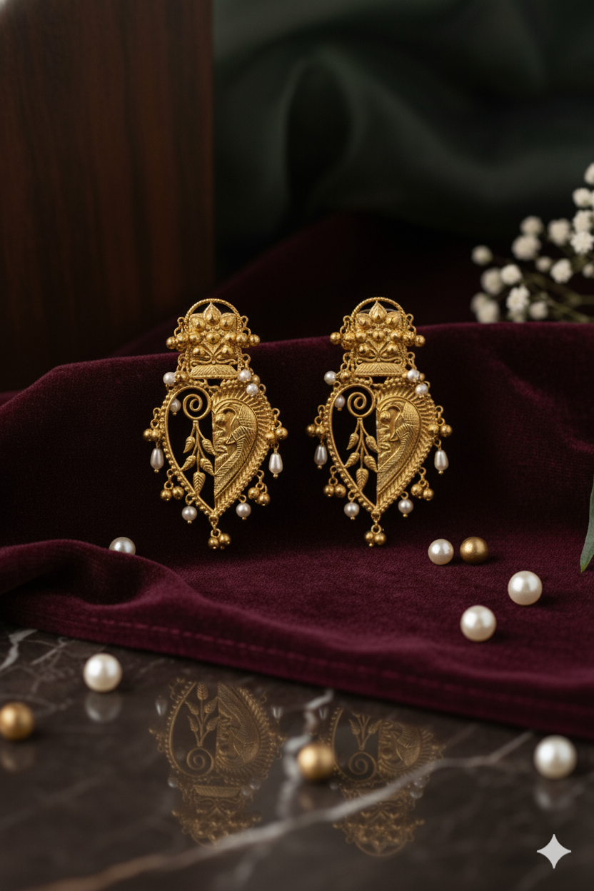 Gold Metal Paan-Shaped Ghungroo Earrings Jewellery with Teardrop Pearls