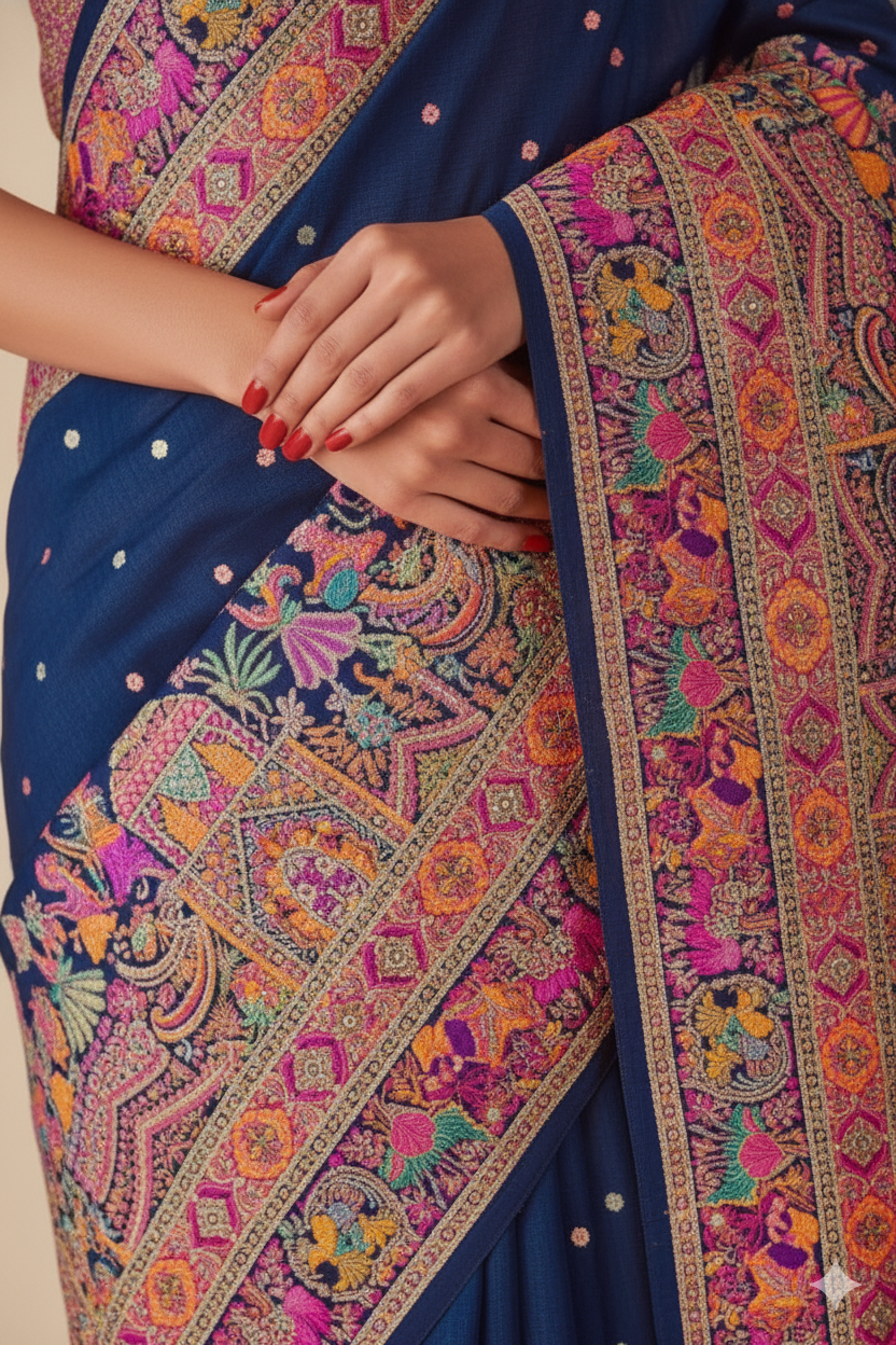 Dark Navy Blue Raw Silk Saree with Heritage Prints