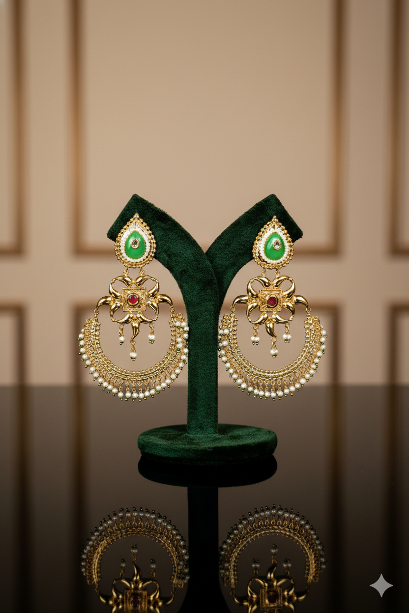 Gold Finish Chandbali Jewellery with Kundan Work, Stones, Pearls & Mixed Metal Detailing