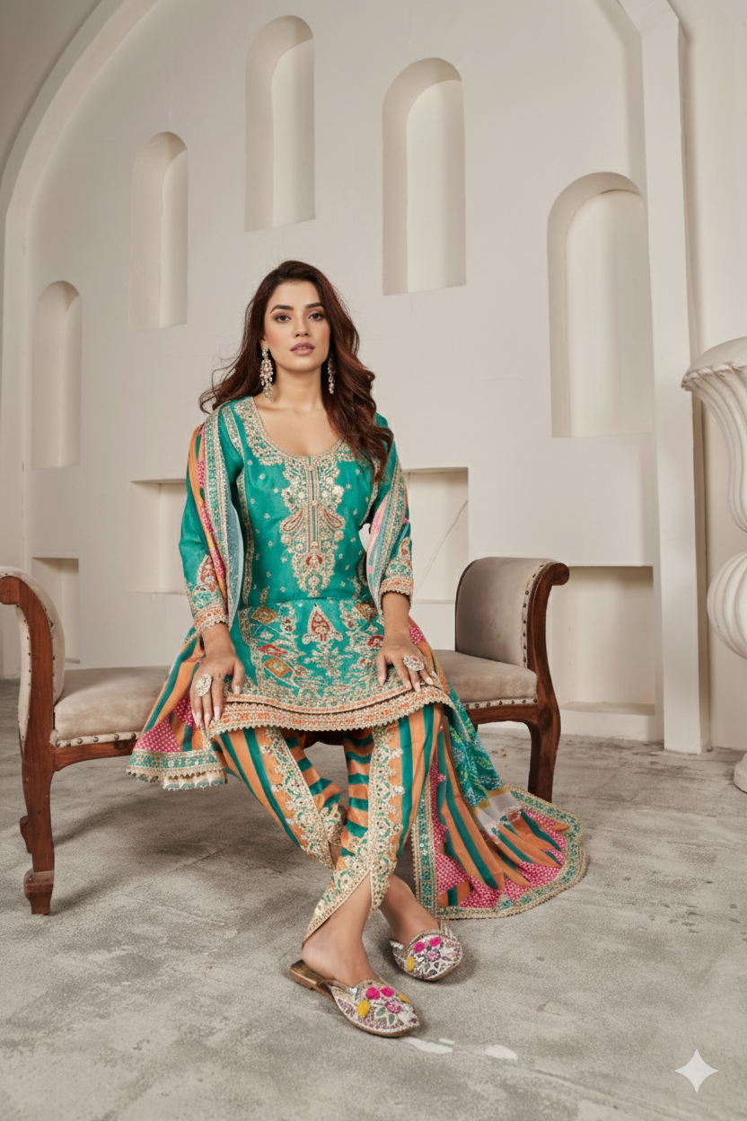 Green Silk Suit with Zari Embroidery with Designer Dhoti Pant & Dupatta