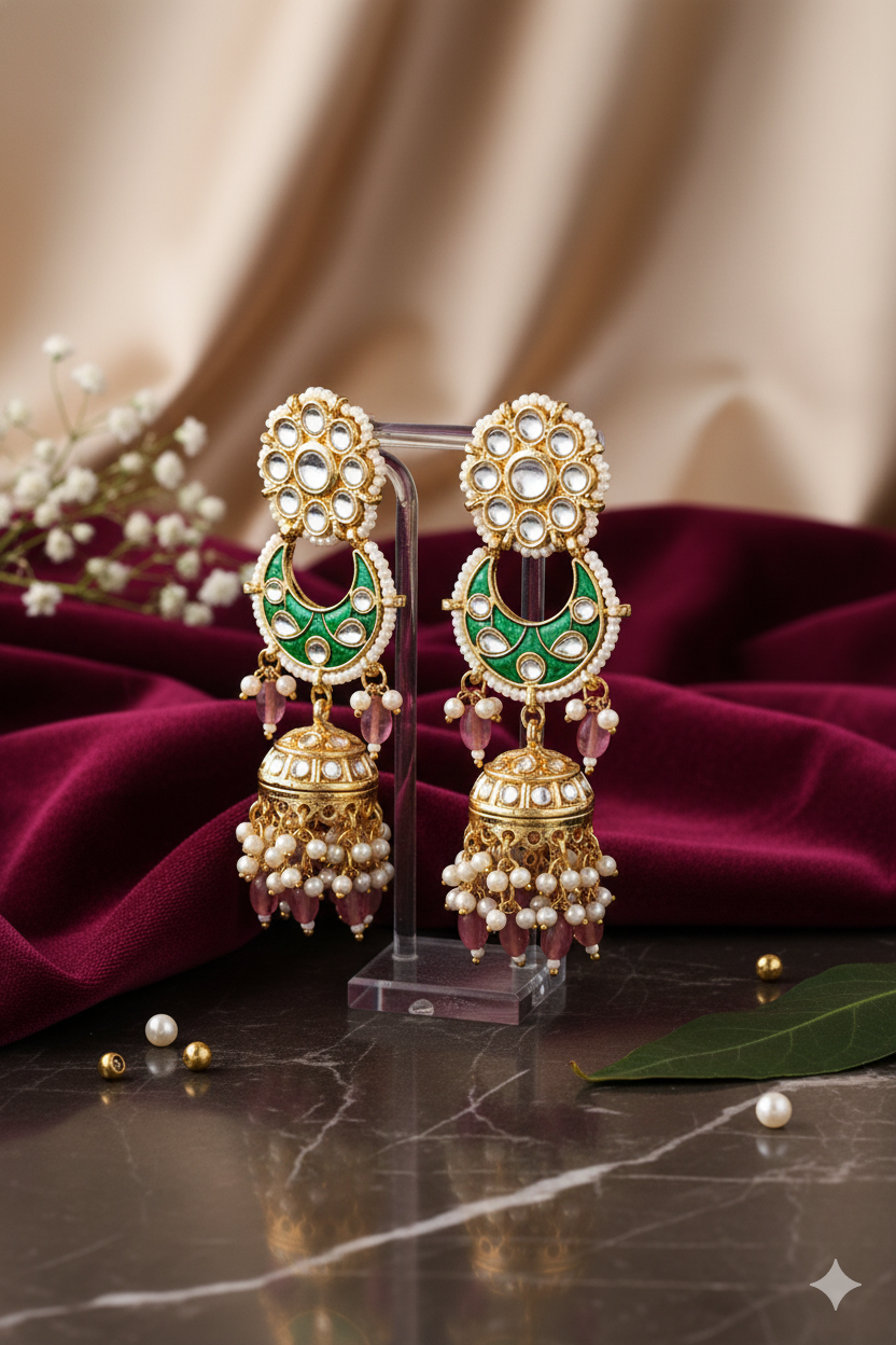 Mixed Metal Jhumka Jewellery with Kundan Work and Pearl Detailing