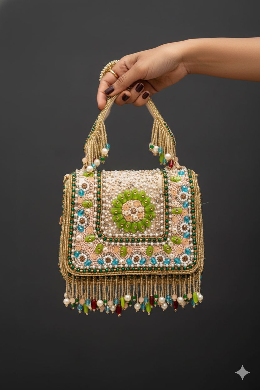 Multicolor Bag with Tassels and Beautiful Handle with Velvet Base