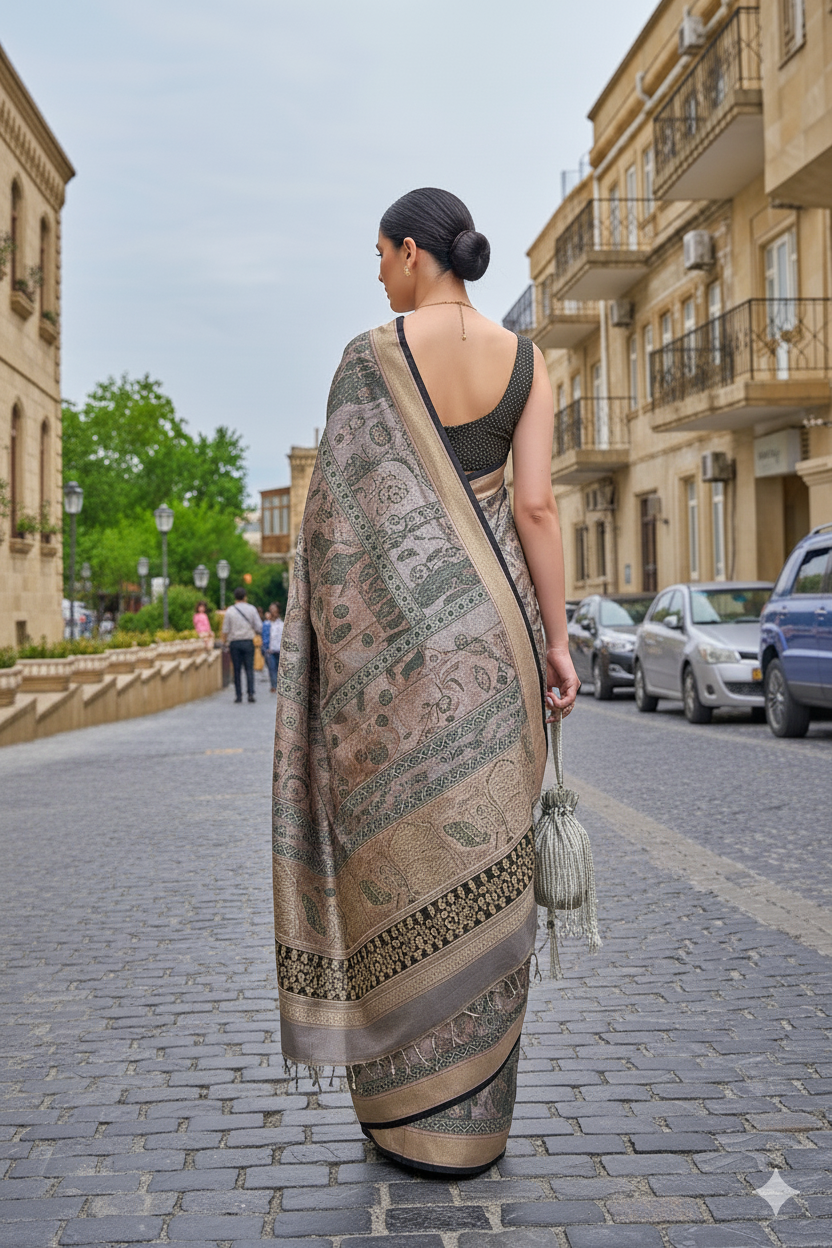 Grey Raw Silk Saree with Floral Motifs