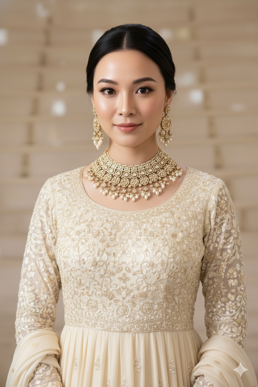 Pearl and Zircon Choker Jewellery Set with Maang Tikka