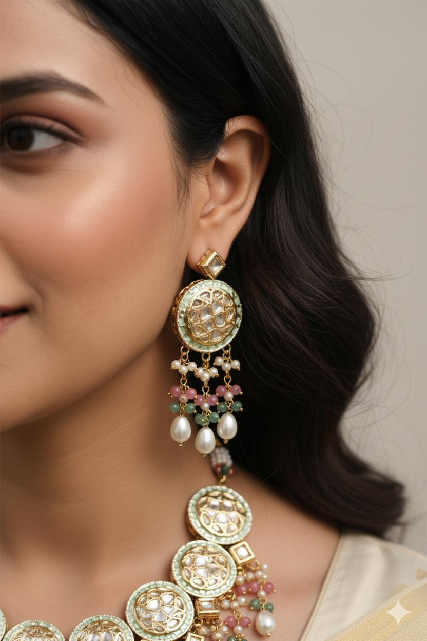 Gold Finish Kundan Necklace Jewellery with Multi-Color Beads and Pearls