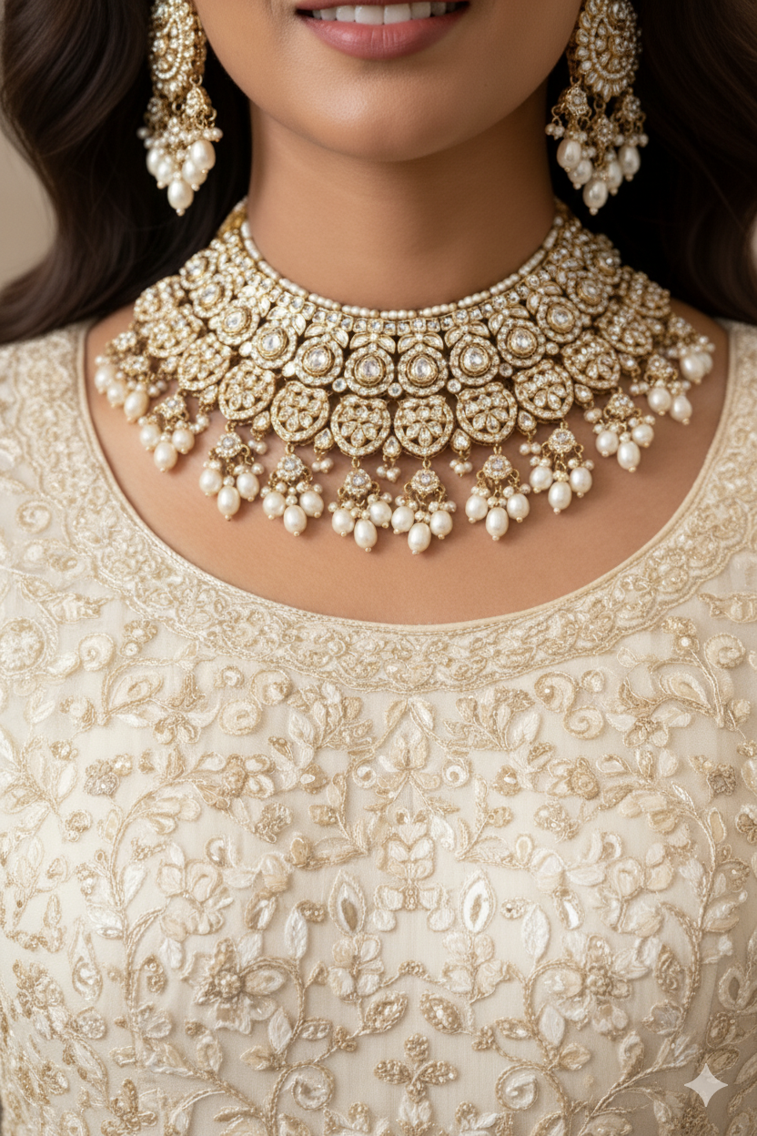 Pearl and Zircon Choker Jewellery Set with Maang Tikka