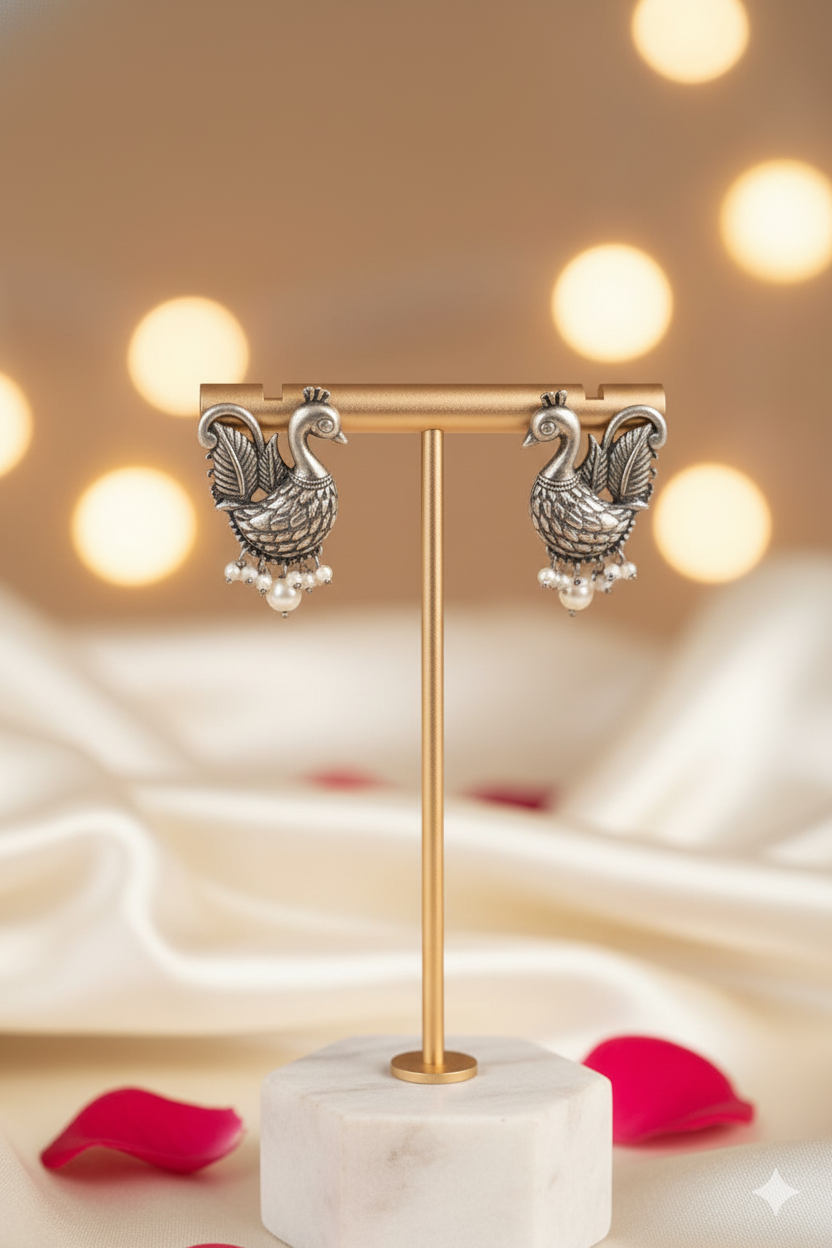 Oxidized Metallic Stud Earrings Jewellery with Pearl Drop