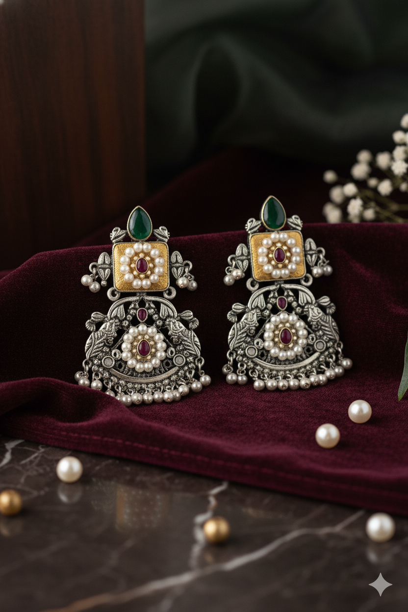 Antique Gold Finish Earrings Jewellery with Drop Pearls and Ghungroos