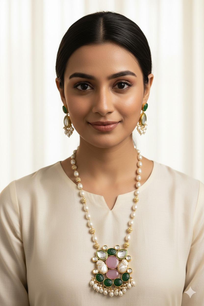 Elegant Long Pearl & Mother of Pearl Pink Stones Kundan Necklace Jewellery