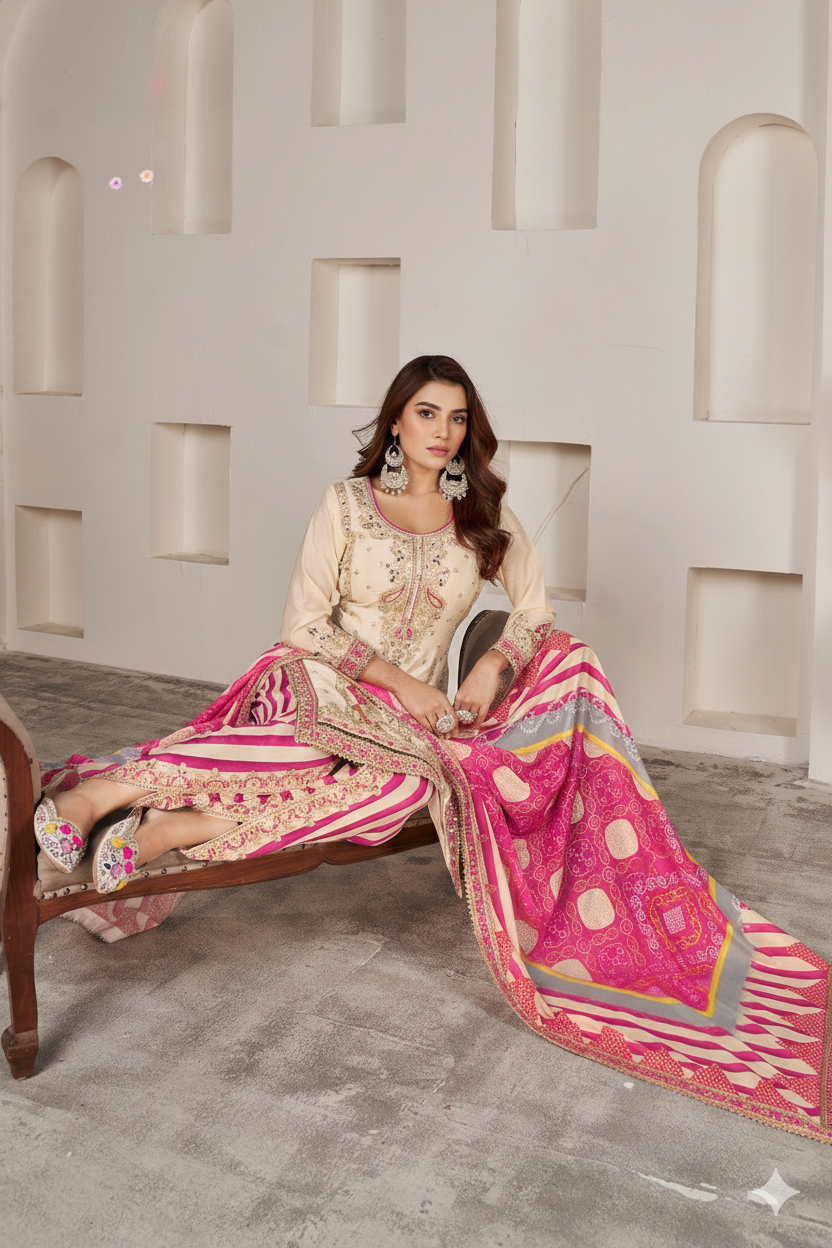 Cream-Pink Silk Suit with Zari Embroidery with Designer Dhoti Pant & Dupatta