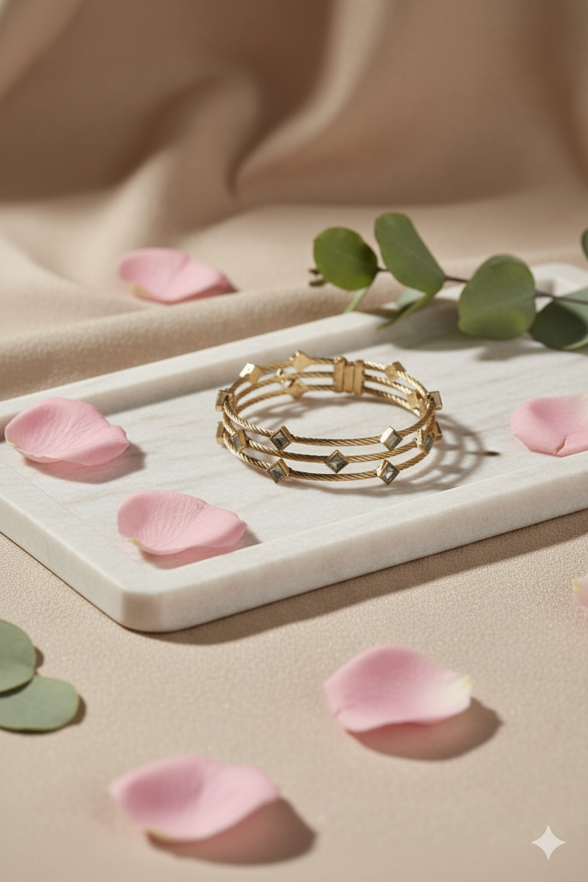 Premium Golden Layered Jewellery Bracelets with Metal, Stone, and Link Lock Design