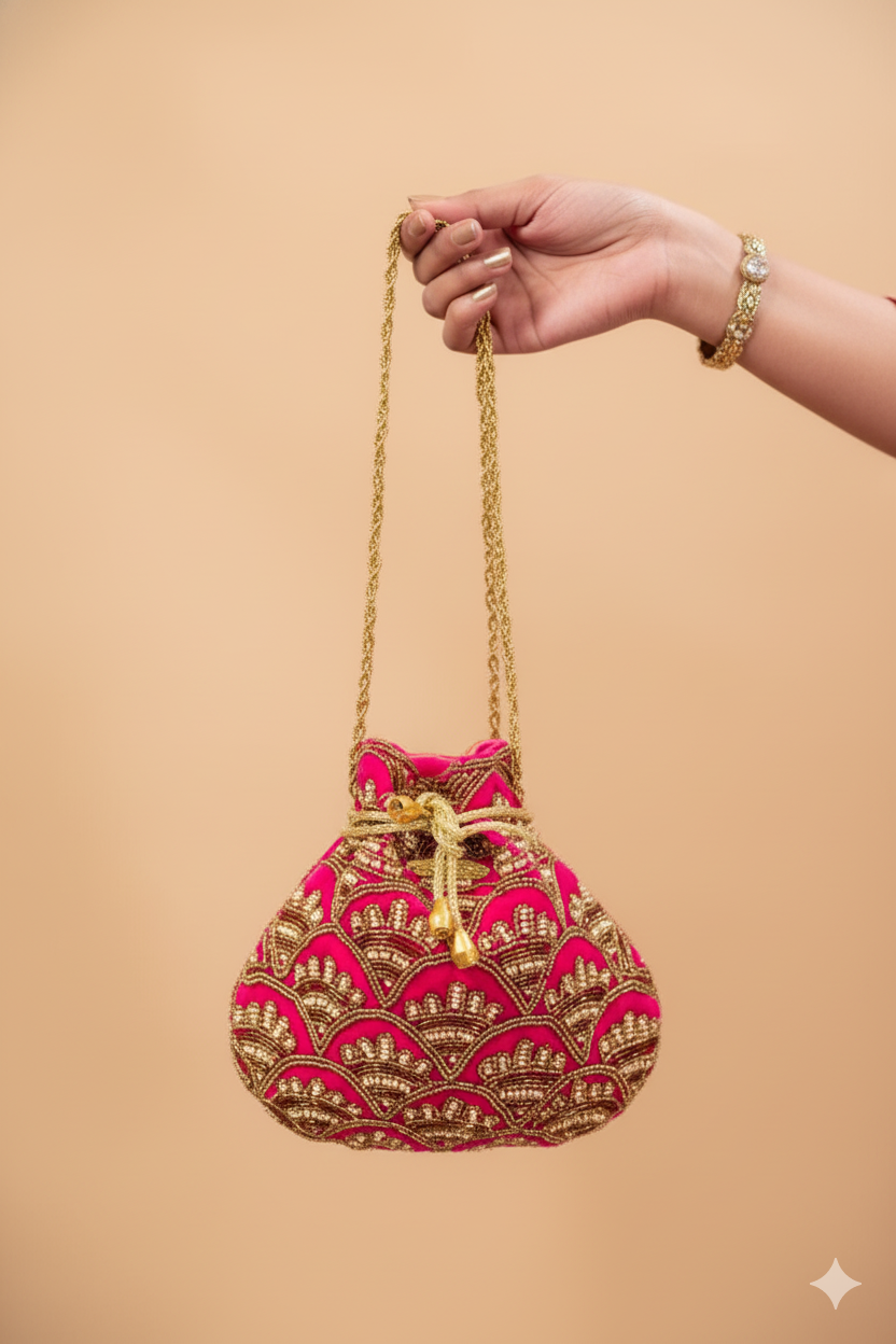 Rani Pink Potli with Beautiful Pipe and Bead Sequin Design