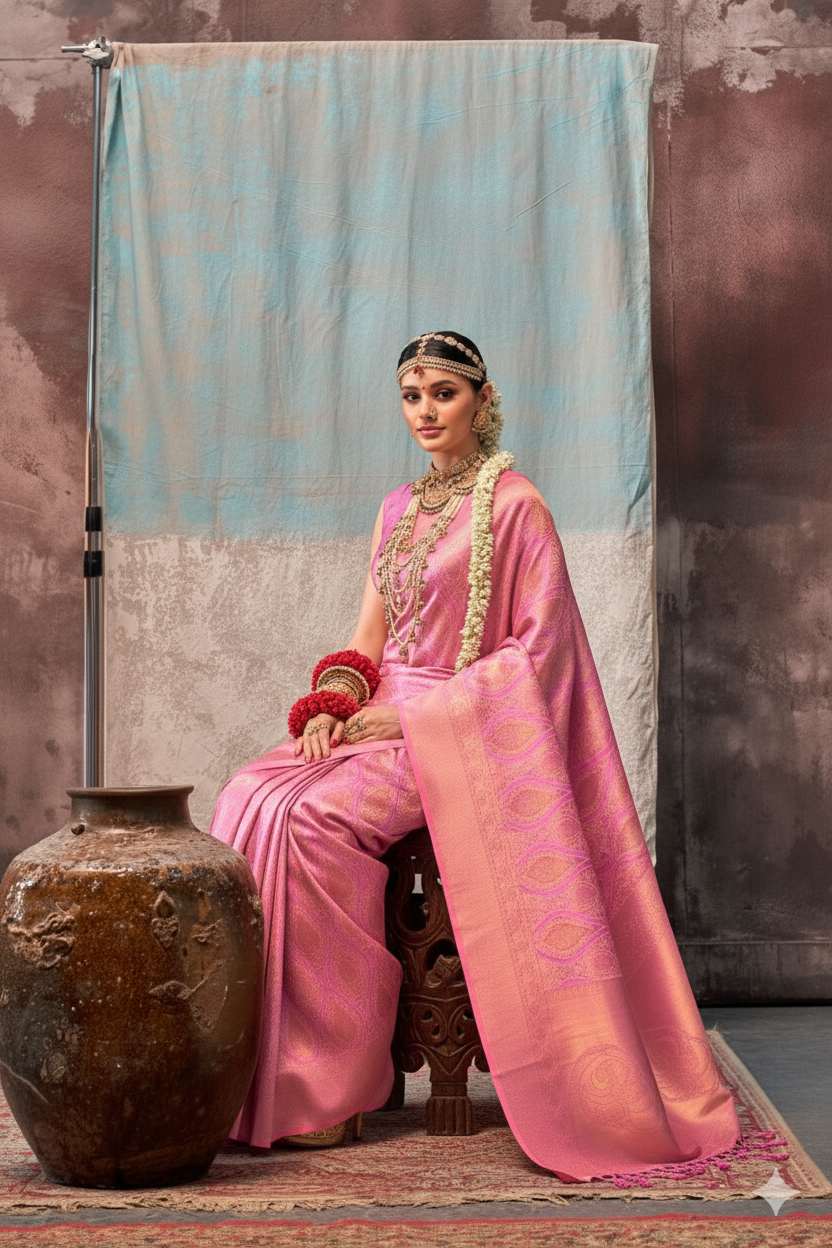 Two-Tone Baby Pink Weaving Silk Saree with Contrast Selvage Border