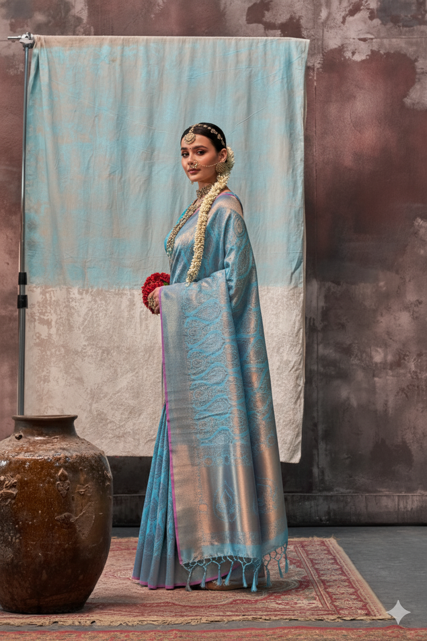 Two-Tone Blue Weaving Silk Saree with Contrast Selvage Border