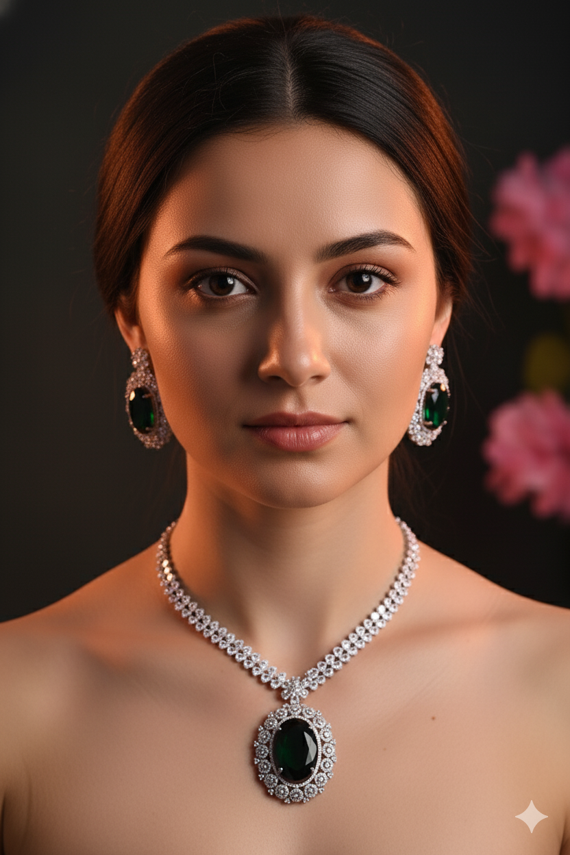 Emerald Green American Diamond Necklace with Earrings Jewellery Set