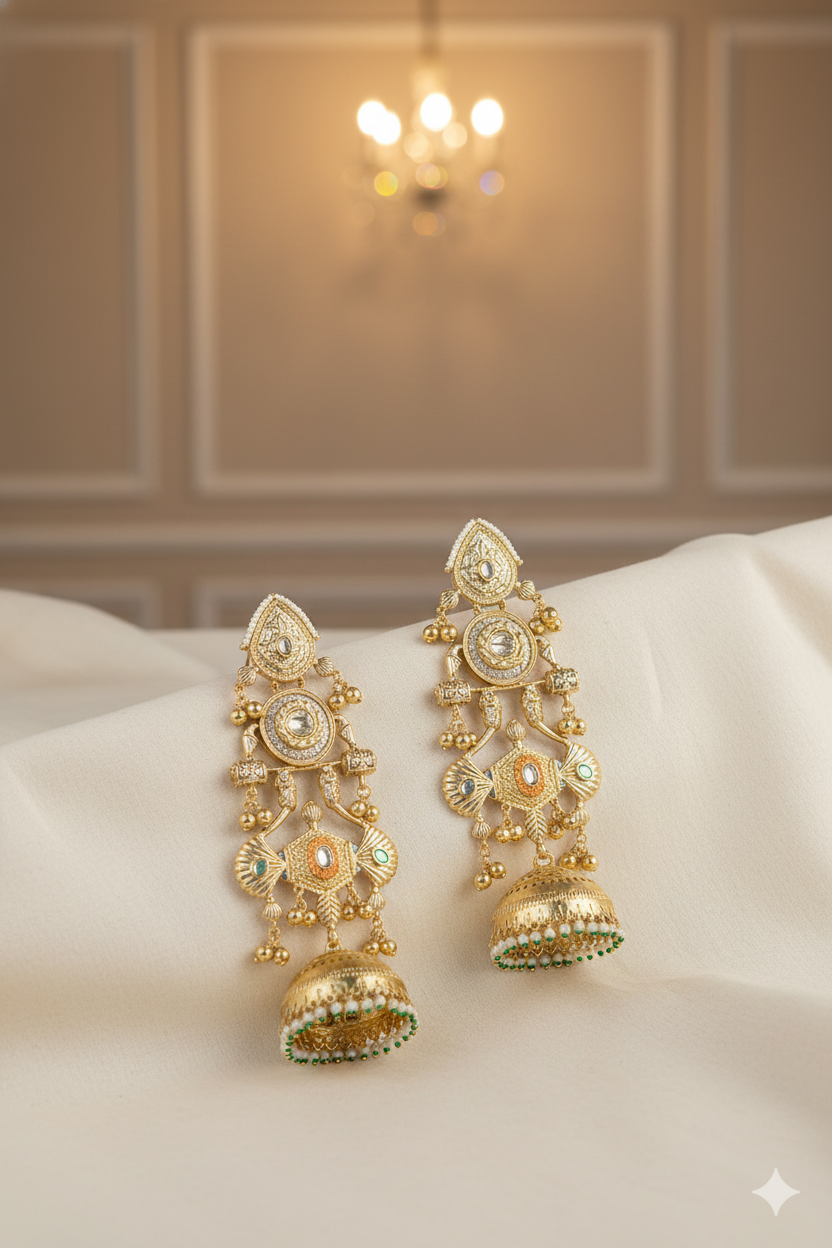 Gold Finish Maharani Style Jhumka Jewellery with Kundan Work, Pearls & Mixed Metal Detailing