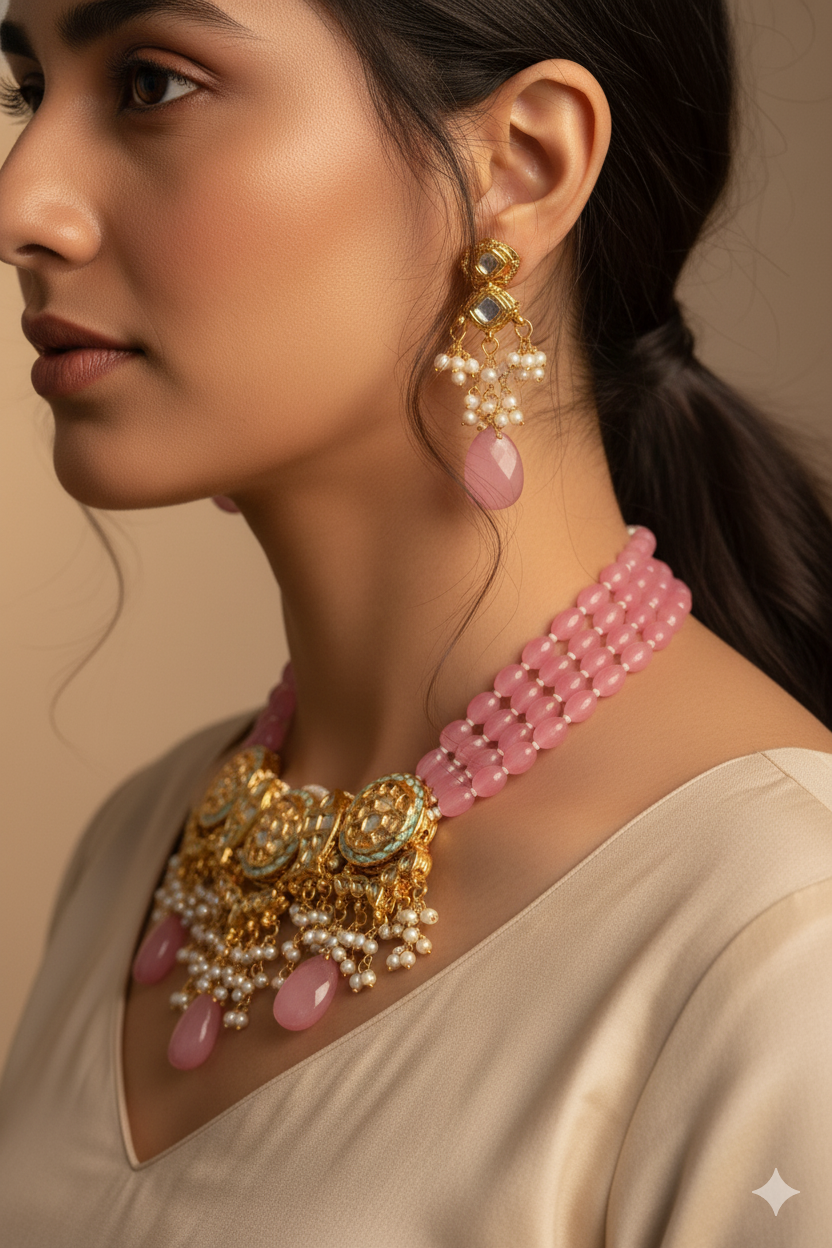 Rose Pink Beads Kundan Necklace Jewellery