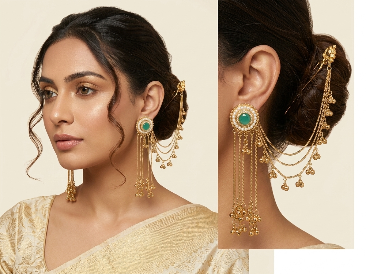 Gold-Tone Kundan Style Ear Cuffs with Green Stone Detailing & Pearl Drops
