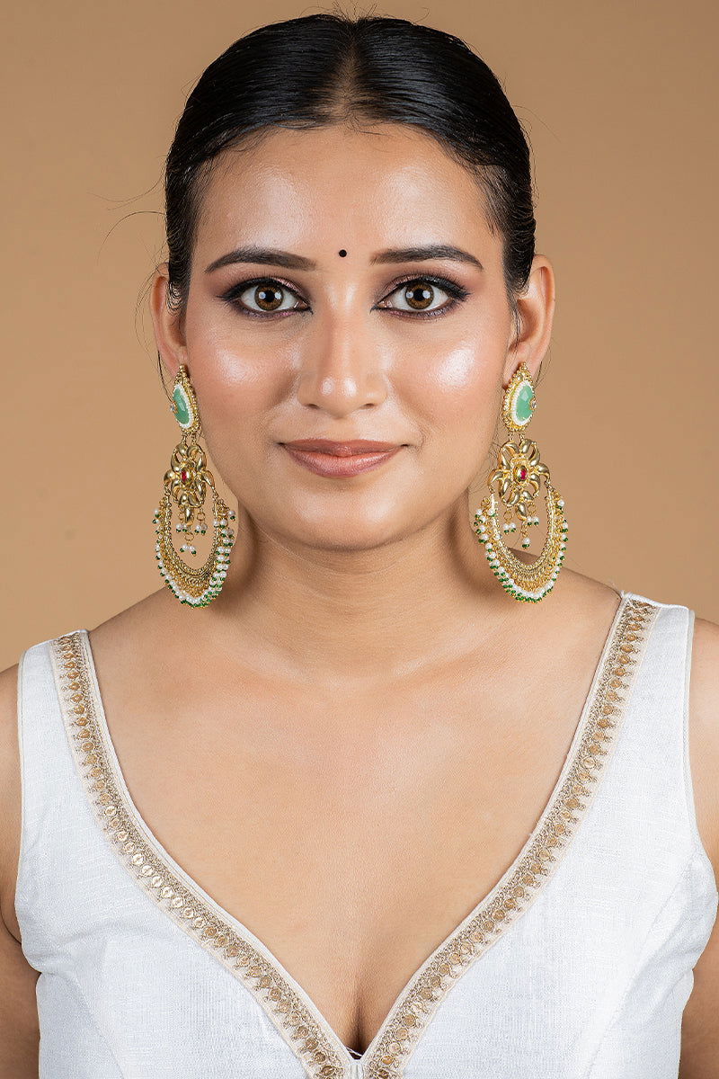 Gold Chad Bali Earrings with Kundan Work, Stones, and Pearls in Mixed Metal - Mayrake