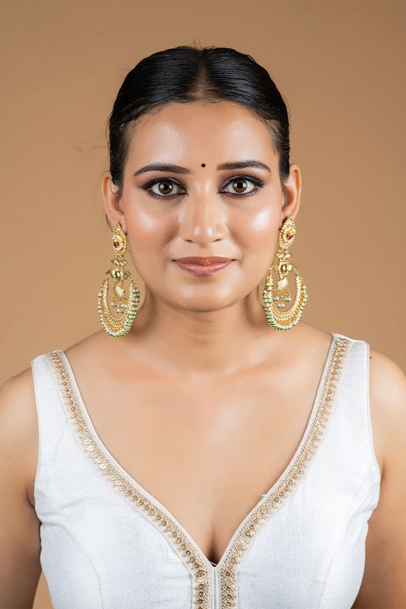 Gold Chad Bali Earrings with Kundan Work and Pearls in Mixed Metal - Mayrake