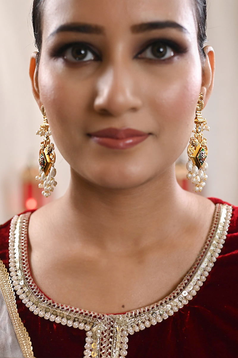 Gold Finish Earrings with Drop Pearl and Kundan - Mayrake -