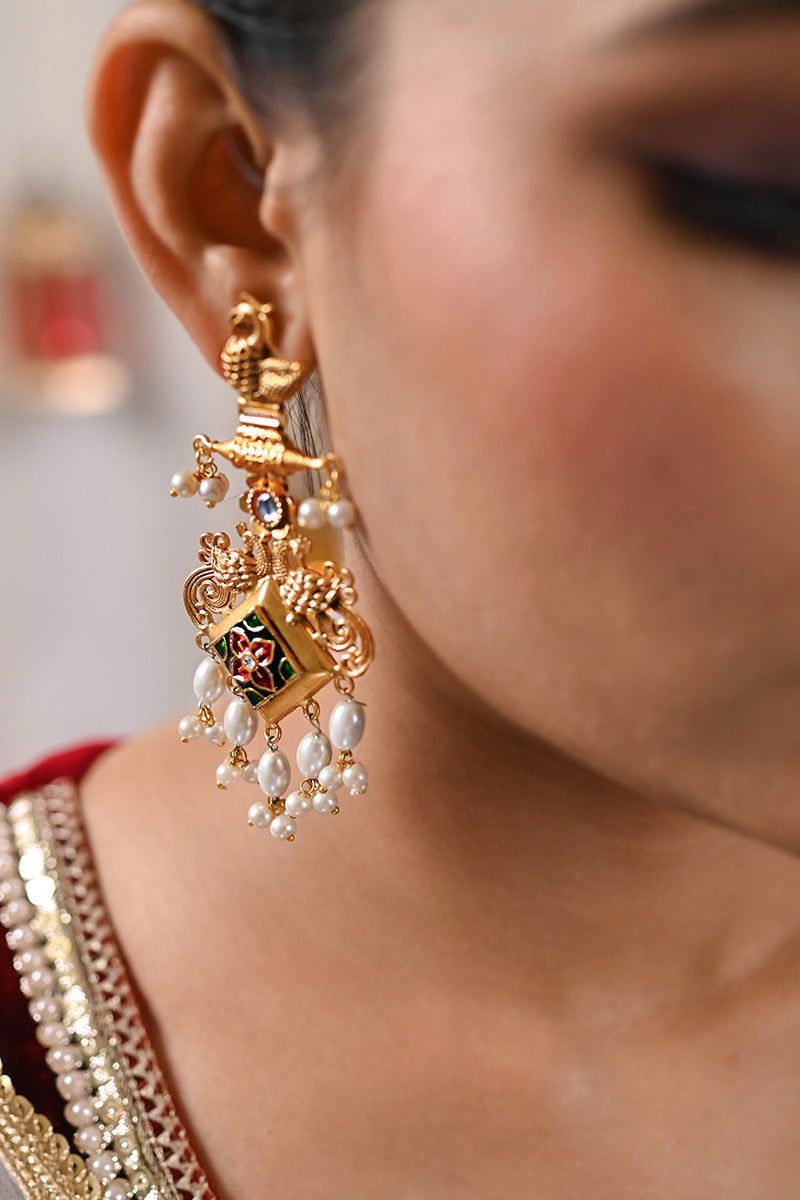 Gold Finish Earrings with Drop Pearl and Kundan - Mayrake -