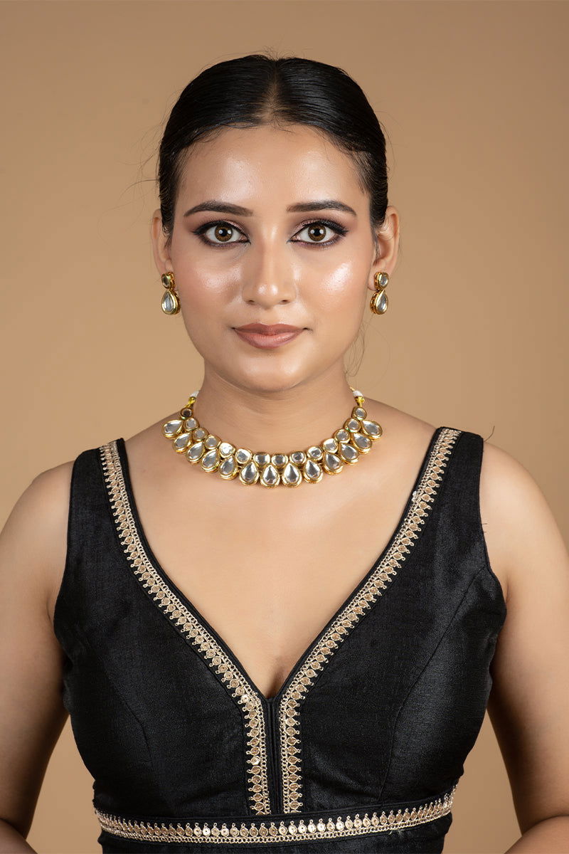 Gold Finish Kundan Choker with tear drop style - Mayrake