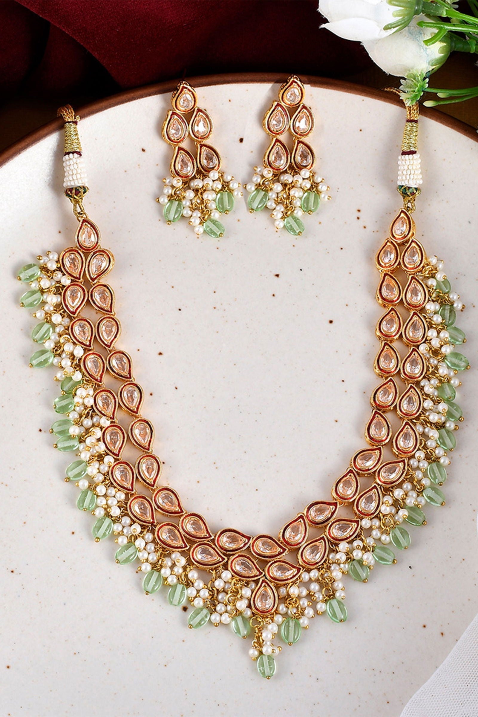 Gold Finish Kundan Necklace with Beads and Pearls - Mayrake.in