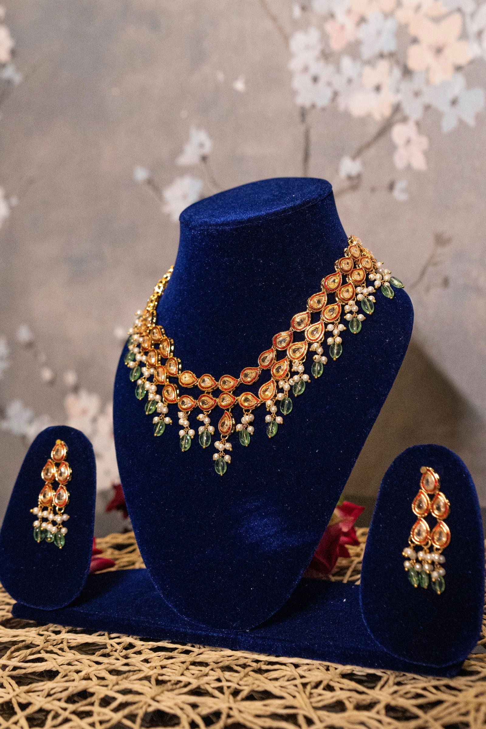 Gold Finish Kundan Necklace with Beads and Pearls - Mayrake.in