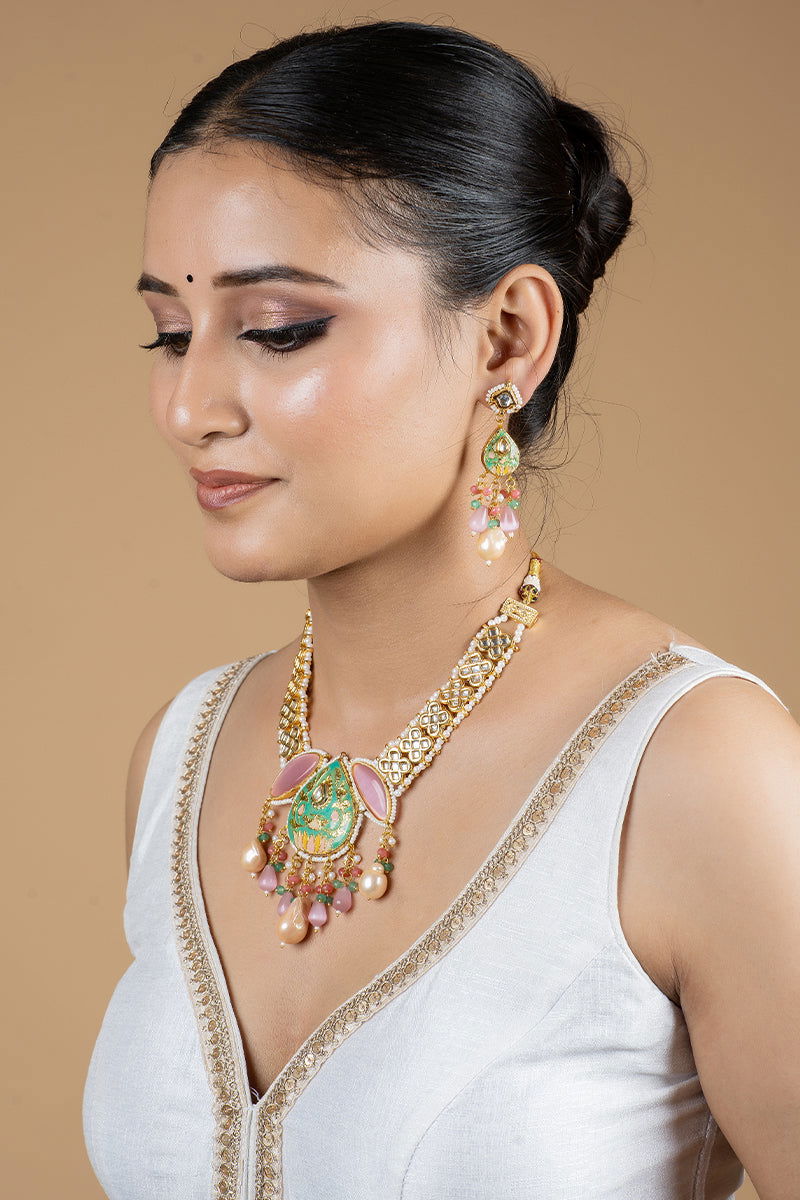 Gold Finish Kundan Necklace with Multi-Color Beads and High-Quality Pearls - Mayrake